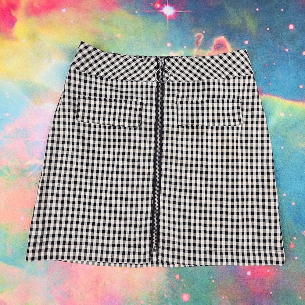 Urban Outfitters Gingham‎ Zip Front Skirt Black White A-Line Pleated Women's S